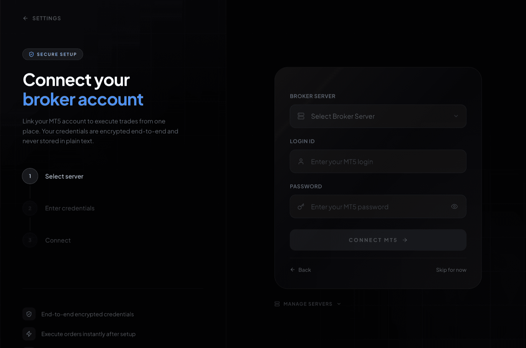 Mcode broker connection screen where a member links their MT5 account